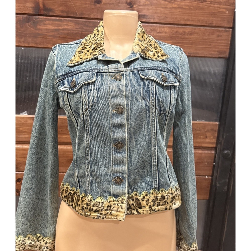 Y2K Leopard Faux Fur TrimDenim Jacket • VintageJeanology Coat, Size 8